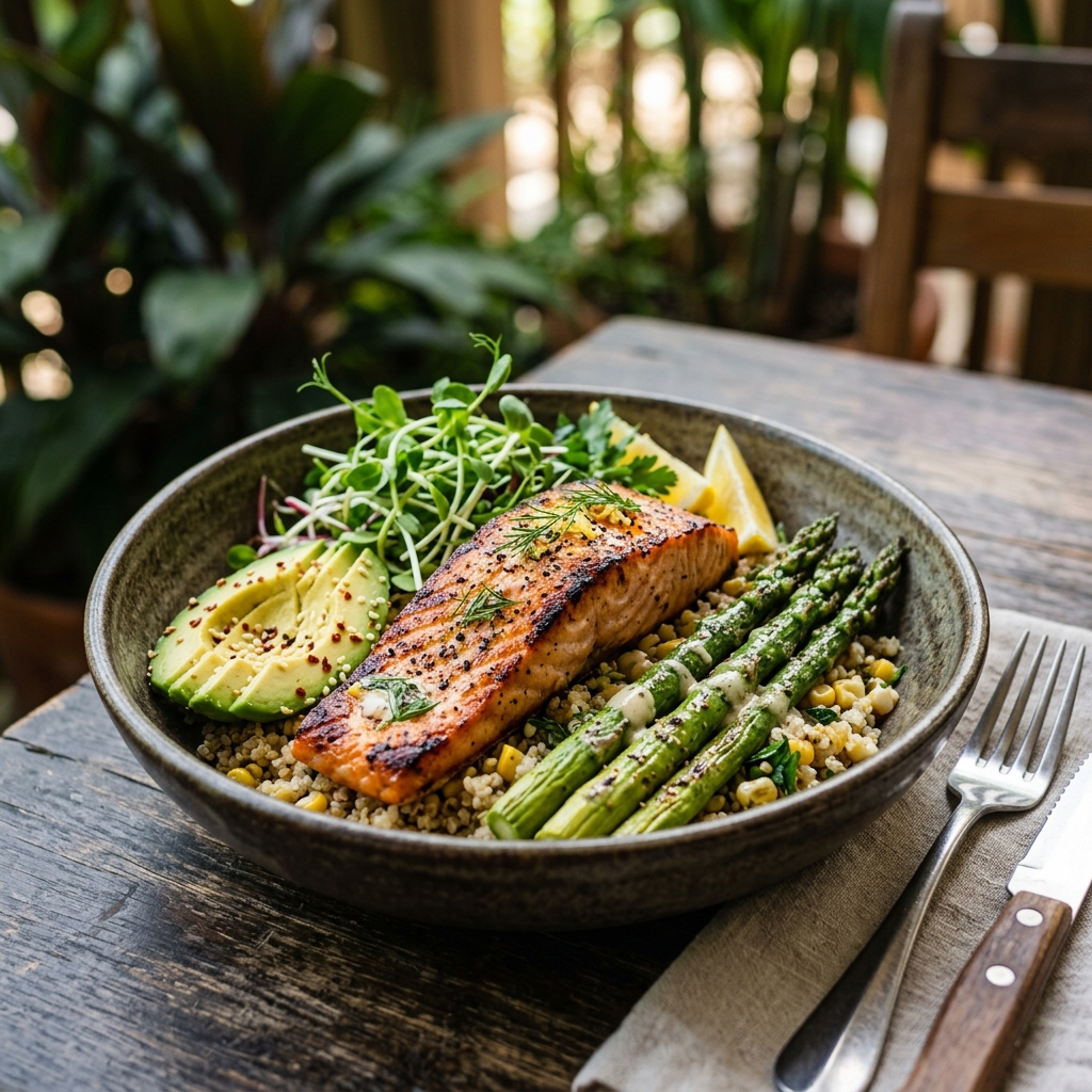 Healthy gourmet prepared meal bowl from Plato with salmon, asparagus and quinoa